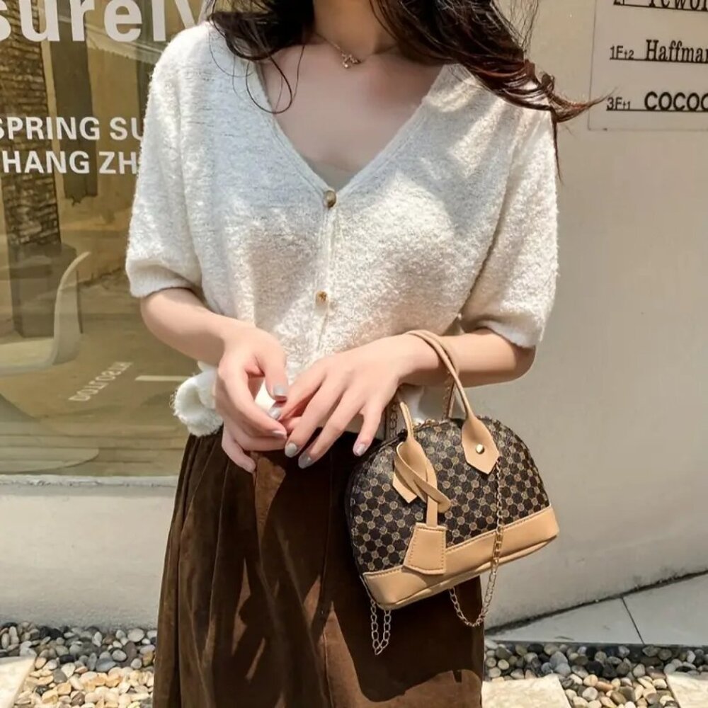 Small Dome Satchel Brown Patterned Bag w/Tone Trim & Gold Crossbody Chain Strap - Picture 6 of 6